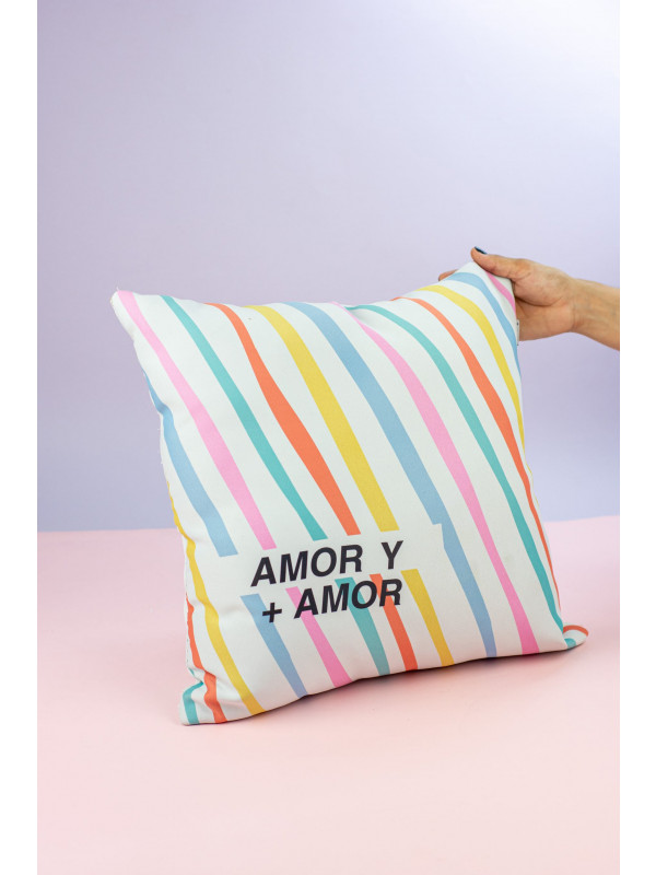 Almohada Cuadrada Rayas Coloridas "Amor y +Amor"