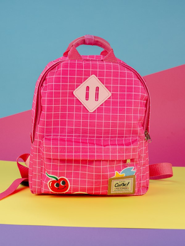 Mochila Clásica con Manijas Pequeña Cuadriculado Fucsia